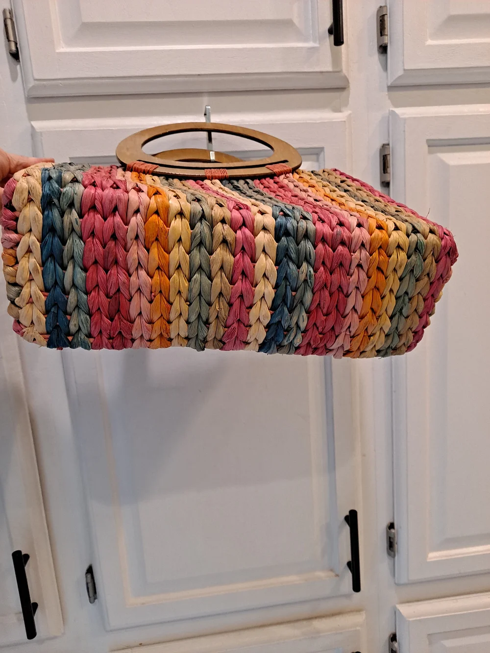 Cappelli Straworld Rainbow Braided Straw Tote w/Wooden Oval Handles Vintage Boho - Picture 5 of 10